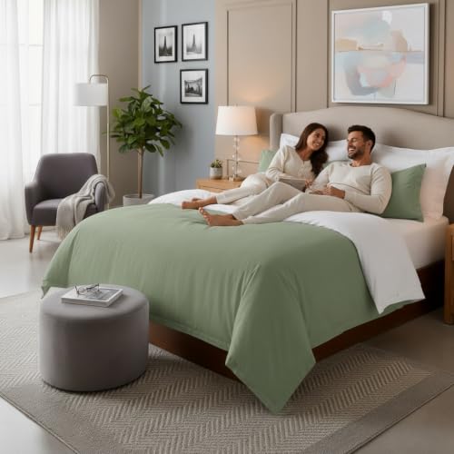 Image of Duvet Cover Single Size Bed (60x92 Inch) 1 Duvet Cover + 4 Pillow Covers with Zipper 600 TC Cotton Reversible Luxurious Quilt, Comforter, Rajai, Blanket Cover (White /Sage)