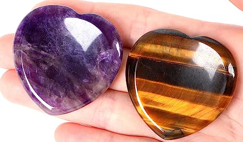 QINJIEJIE 2PCS Worry Stones for Anxiety Amethyst Tiger Eye Crystals Thumb Heart Shaped Quartz Crystal Palm Polished Gemstone Pocket Massage Natural Gem Reiki Meditation Stress Relief Gift for Women