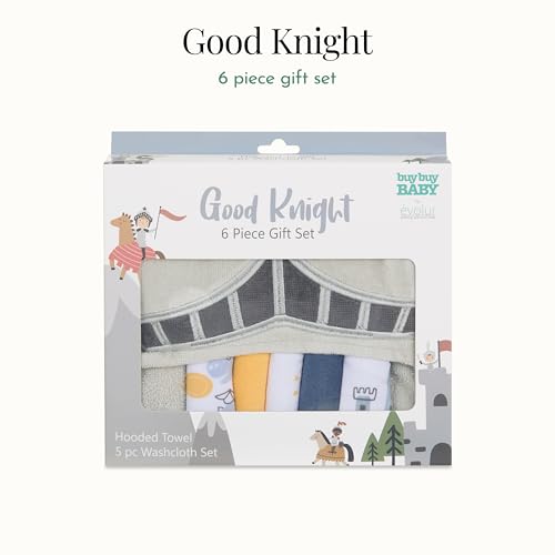 Image of Evolur Good Knight 6 pc Baby Gift Set, Includes Hooded Towel & 5pc Wash Cloths, Soft and 100% Cotton Woven, for Newborn, Infants and Toddlers 0-9 Months