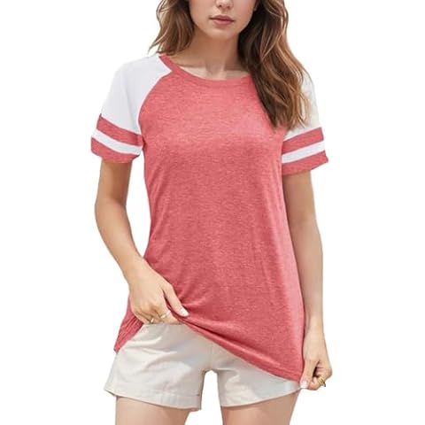 Wielsscca T Shirts for Women Summer Tee Shirt Tunic Tops Casual Short Sleeve Crew Neck Tshirts Loose Fit Pink Medium Cover