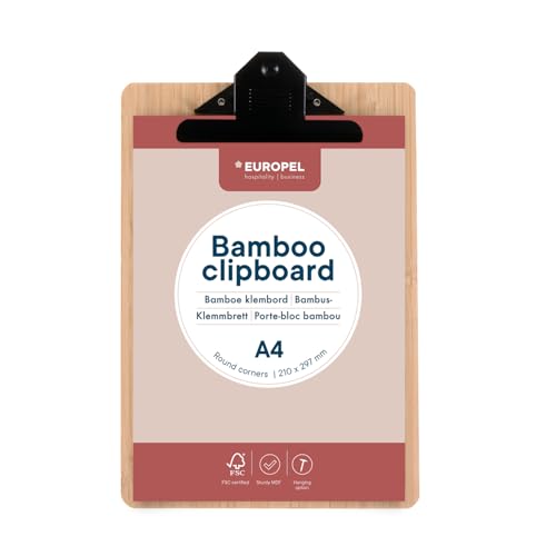 EUROPEL Bambus-Klemmbrett – Robuste Hartfaserplatte mit schwarzem Metallclip & verdecktem Aufhängeloch – A4-Hochformat für Schule, Büro, Klassenzimmer, Geschäft, Lager, Restaurant – 197012