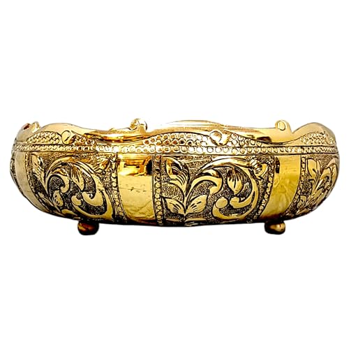Image of Decorative Embossed Urli Bowl | Aluminium Urli Pot for Floating Flowers and Tea Light Candles Home Office Table Decor Diwali Decoration Items (Brass Antique, Large (12 inch))