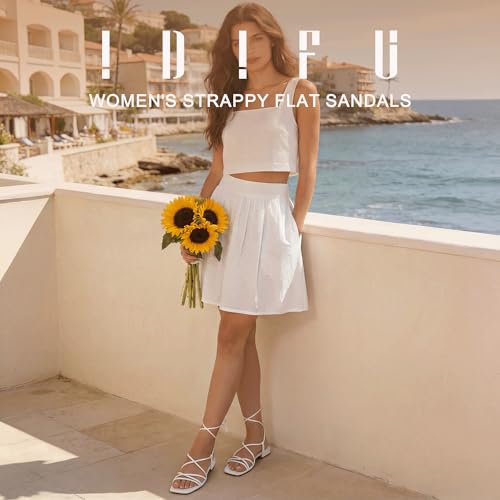 Image of IDIFU Strappy Lace Up Flat Sandals for Women Tie Up Square Open Toe Ankle Wrap Straps Dressy Gladiator Summer Beach Wedding Party Ladies Comfortable Cute Casual Dress Sandals