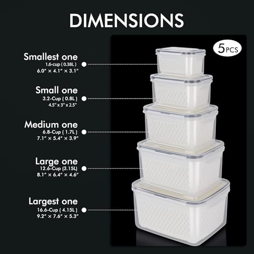 HOTEC 5-Pack Large Fruit Storage Container for Fridge Leak proof with Removable Colander, BPA Free Dishwasher & microwav - Additional View