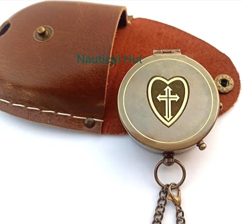 Brújula de latón grabada con estuche de cuero miniatura 5