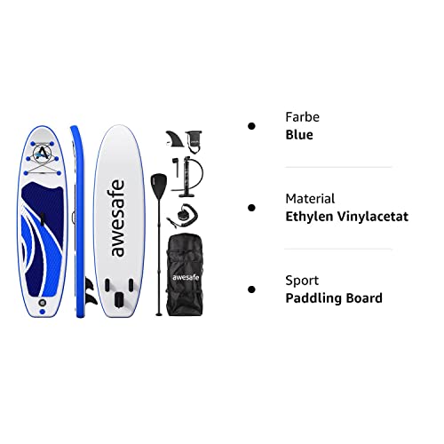 Foto von awesafe Aufblasbares Stand Up Paddling Board SUP Paddle Boards Set, 305×80×15cm, Tragfähigkeit 180KG, inkl. Rucksack, Paddel, Pumpe, Leash, Wasserdichter Packsack, Finne
