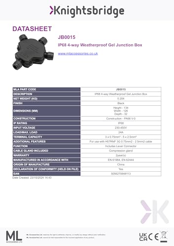 Knightsbridge IP68 4-way Weatherproof Gel Junction Box, Black - Image 3