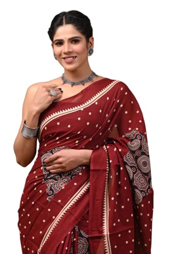 Image of Crafts Moda Hand Block Ajrakh Print Cotton Saree for women with Blouse | Soft comfortable wear sari