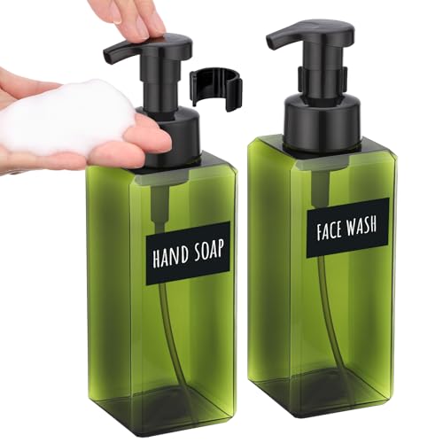 Image of Segbeauty 22oz Empty Plastic Foam Bottle with Foaming Pump, 2pcs Refillable Bathroom Hand Soap Dispenser with Labels, 650ml Green Empty Square Kitchen Liquid Soap Container, Shampoo Pump Bottles