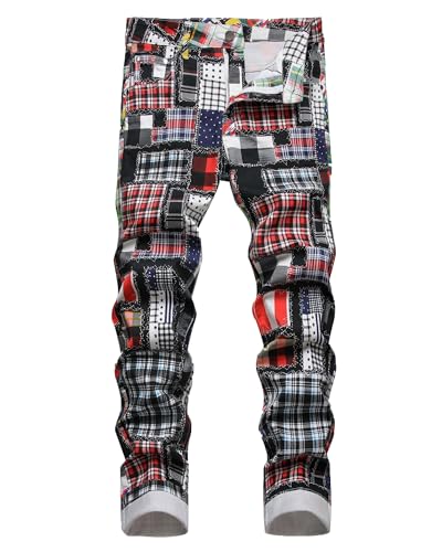 Men's Patchwork Printed Jeans Stretch Slim Fit Skinny Casual Straight Leg Denim Pants