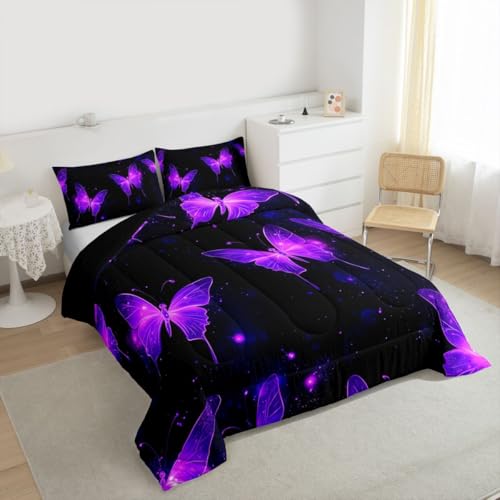 Image of Erosebridal Neon Purple Butterflies Comforter Full Size for Kids Boys Girls,Starry Sky Bedding Set,Outer Space Galaxy Duvet Insert,Elegant Wildlife Quilt Bedroom Decor
