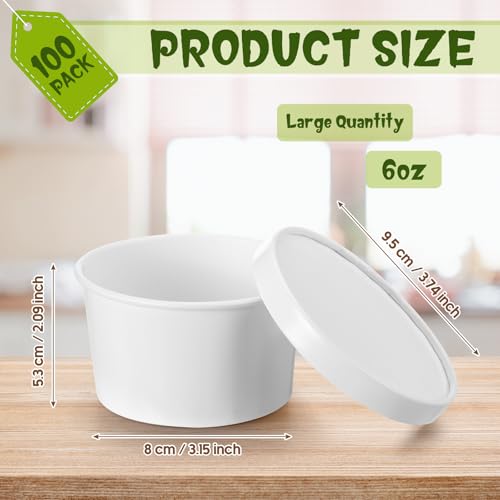 Image of Fulmoon 6 oz 100 Pack Paper Containers with Lids Soup Bowl Cup, White | Disposable Ice Cream Cup, Kraft Food Containers with Vented Lid Stackable for Hot Soup Dessert Cake Fruit Microwave Takeout
