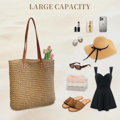 Image of Straw Beach Bags for Women - Woven Tote Bag Large Shoulder Handbags Summer Boho Straw Purse for Vacation