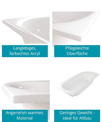Calmwaters® Rechteck Badewanne Komplettset 180x80 cm mit Schürze, Wannenfüßen & Ablaufgarnitur, Acrylwanne Honest linkes Modell, Duowanne für 2, Set Badewanne komplett 180 x 80 cm Weiß, 99000049157