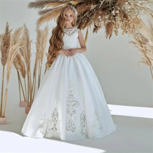 Satin Flower Girl Dresses for Wedding Lace Appliques Sleeveless Pageant Dress Girls Ball Gown Party Evening3
