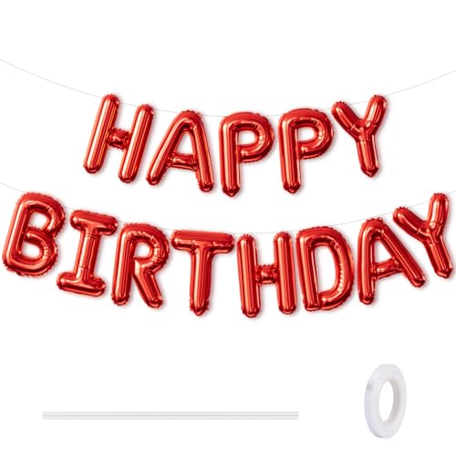 Image of Red Happy Birthday Balloon Banner, 16 Inch Red Happy Birthday Foil Balloons, Foil Letter Balloon Sign for Men Women Boys Girls Hbd Party Decorations, Photo Booth Backdrop