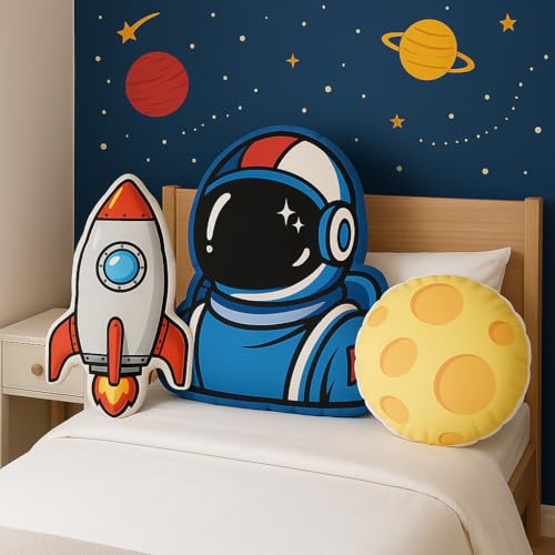 Conjunto de 3 Almofadas Decorativas Infantis com Tema Espacial, Astronauta, Foguete e Lua, Coleção Universo para Quarto Infantil