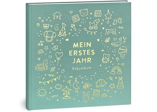 Mein erstes Jahr Babyalbum - Hochwertiges Leinenbuch mit Goldprägung für die schönsten Erinnerungen - Babybuch zum Eintragen für das erste Lebensjahr - Baby Geschenk zur Geburt (Spielzeug Mint)