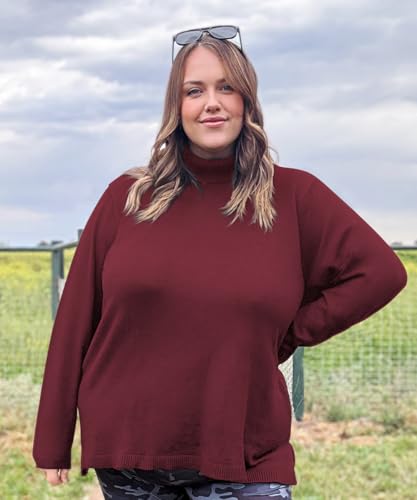 Image of CARCOS Plus Size Sweaters for Women Solid Turtleneck Sweater Long Sleeve Pullover Tops Casual Split Hem Knit Shirts