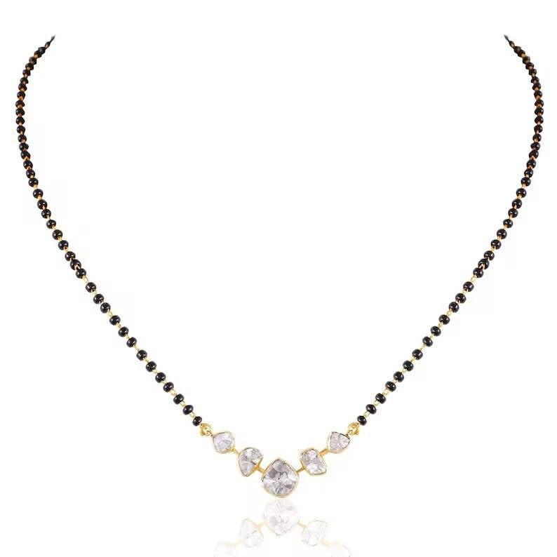 925 Sterling Silver Wedding Bollywood Designer Natural Polki Diamond Forever Mangalsutra Necklace with Single Black Beads Line 16 Inch Chain Rose Cut Designer Casual occasions Wedding Anniversary Promise for Women