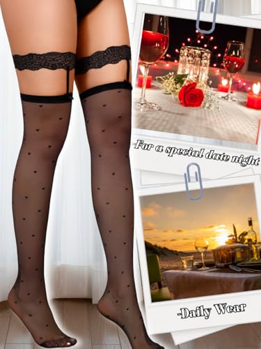 Image of ShawGobow Heart Thigh High Stockings,Petite Size Sheer Mesh Garter Stocking,Sexy Knee Highs For Women Vday Date Fits 00-6