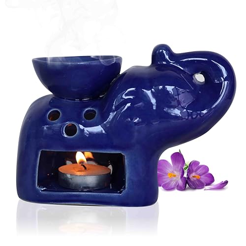 Image of Pure Source India Blue Elephant Ceramic Oil Burner with Tealight Candle - Handcrafted Decorative Aroma Diffuser for Home & Spa Use