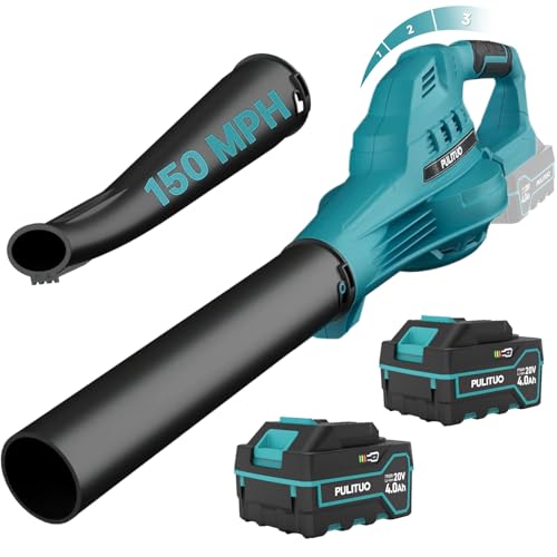 Leaf Blower Cordless with 2X 4.0Ah Batteries and Charger, 150MPH Lightweight Cordless Blower, 3 Speeds Small Battery Operated Leaf Blowers for Lawn Care, Patio, Yard, Leaves, Grass, Dust (Blue) by PULITUO - Used condition - US$64.39