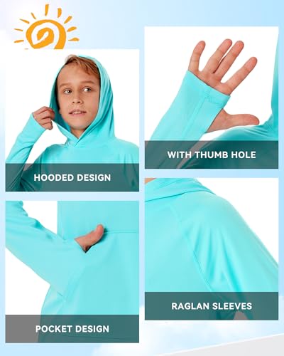 Image of Rash Guard for Boys Long Sleeve Hoodie Quick Dry Swim Shirt Youth UPF 50+ Sun Protection Fishing Shirts with Pocket Water Blue XL