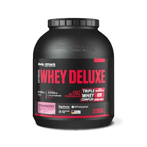 Body Attack Extreme Whey Deluxe - Strawberry Cream, 2,3 kg - Made in Germany - Eiweißpulver mit Aminosäuren, Triple-Complex, CFM Whey Isolate, perfekt lösliches Protein-Pulver, fettarm, zuckerarm
