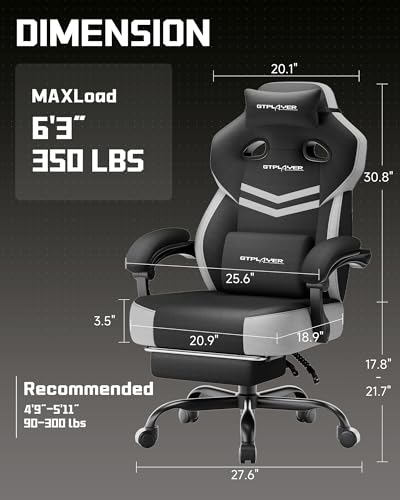 Image of GTPLAYER Big & Tall Gaming Chair, 90-155 Adjustable Reclining Office Seat with Footrest, Ergonomic Comfy Computer Desk Chair for Adults, Home Office Gaming Study Use, Black & LightGray