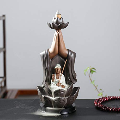 Buddha, Räucherstäbchenhalter, mit Rückfluss, handgefertigt, groß, aus Keramik, mit Kegel, Heimdekoration + 10 Stück, Räucherkegel Buddha, Rückfluss, Räuchergefäß, 1 Cover