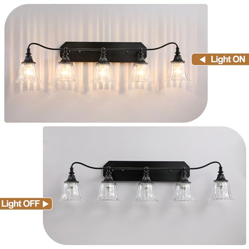 Image of LmnLvn Bathroom Vanity Black Vintage Light Fixture, 5 Lights Bathroom Lighting Matte Antique Brass Finish with Crystal Glass Shade, Black Vintage Vanity Light