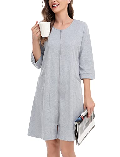 SWOMOG Women Zip Up Robe 3/4 Sleeve Housecoat Soft Cotton Zipper Front Nightgown Loungewear with Pockets3