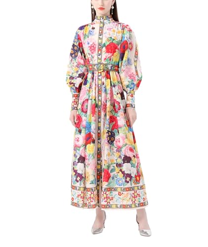 Puff Sleeve Dress for Women Party Floral with Slit Buttons