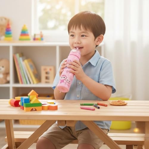Image of Cartoon Printed Plastic Water Bottle for Kids Leak Proof Flip Cap Sipper Bottle with Strap School Drinking Bottle for Boys Girls Travel Office Use 900 ML (Pink)