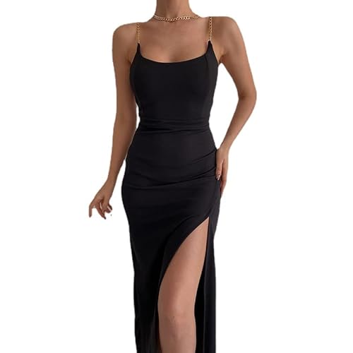 CYee Y2K Solide Spaghettiträger Bodycon Maxikleid Fee Grunge Ästhetisch Quadratisch Seitenschlitz Langes Kleid Sommer Streetwear, schwarz, Klein Cover