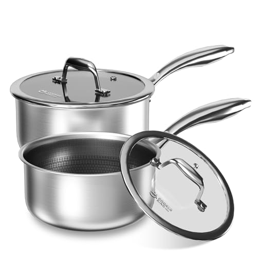 COOKER KING Sauce Pan Set, 1.5 QT & 2 QT Saucepan with Lid, Hybrid Ceramic Nonstick Saucepan, non stick Sauce pot, Stainless steel Cookware, Induction Compatible (PFAS/PFOA/PTFE Free)