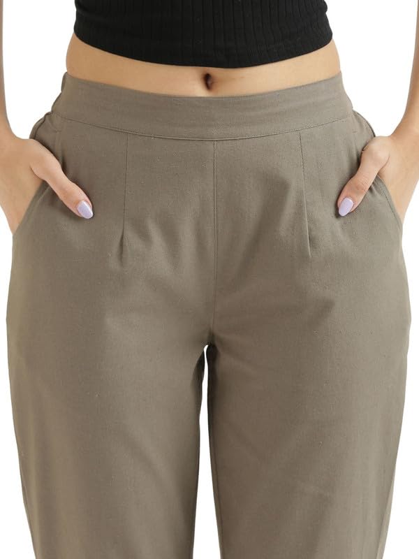 Image of SAADAA Pack of 2 Women's Cotton Pants | Regular Fit Mid-Rise Comfortable Trousers with Pockets | Casual