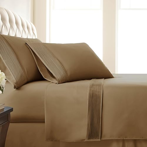 SouthShore Fine Living Vilano Pleats, 4-Piece, 21-Inch Extra Deep Pocket Sheet Set, Queen Sheets Set with Flat Sheets and Pillowcase, Easy Care and Shrinkage-Free Deep Pocket Sheets, Sheet Set, Taupe