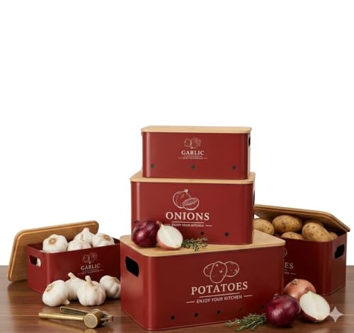 Image of 3 Pieces Potato Onion Storage Bin Sturdy for Kitchen Counter Farmhouse Decor white|Home & Garden | Kitchen Storage & Organization |3 Food Storage Containers (Red)