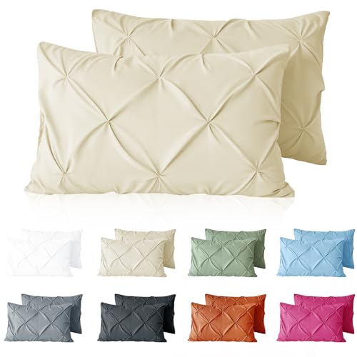 VACVELT Pintuck Pillow Cases Standard Size Set of 2, Beige Pillow Shams Decorative Pillowcases with Envelope Closure, Pinch Pleated Microfiber Pillowcases, Wrinkle and Stain Resistant