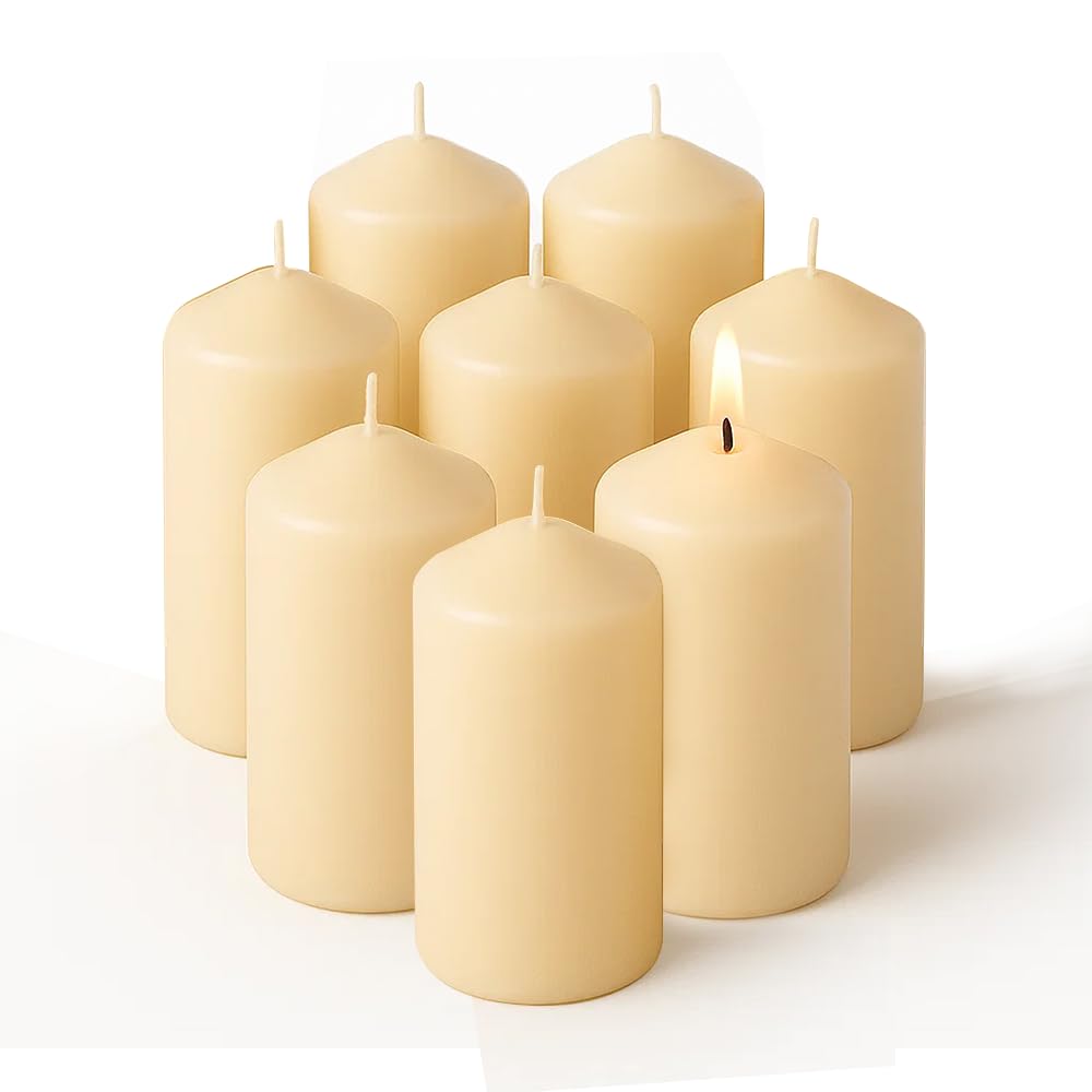 Concept4u 8 x Cream Pillar Candles 50 x 100mm Upto 16 Hour Burn Time Long Lasting Unscented Pure Paraffin Wax Candles Ideal for Candlelight Dinner Parties Home Decor โ image 1
