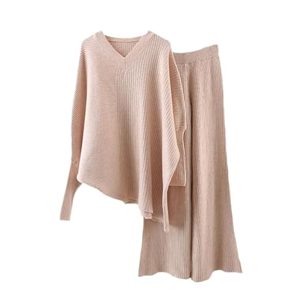 DUOTCYELE Caldo Abito Lavorato A Maglia - Set Maglione Autunnale Set Maglione Streetwear Sport E Tempo Libero Sciolto In Due Pezzi Top Con Scollo A V Spesso E Orlo Irregolare, Pantaloni A Gamba Larg