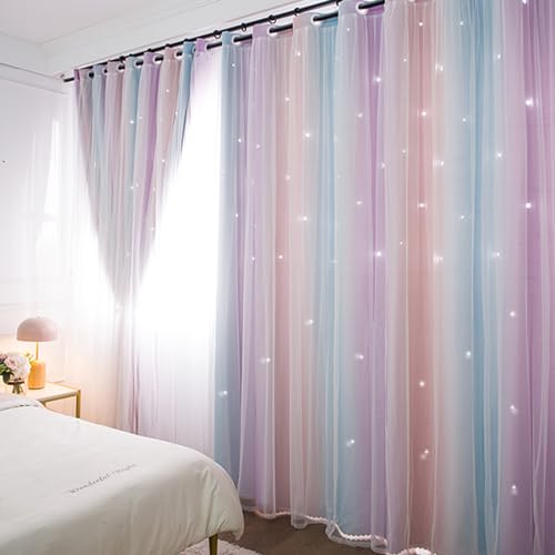 Image of Yancorp Room Darkening Blackout Curtains with Grommets Kids Lace Drapes Star Double Layer Window Panels with Tie Backs Bedroom Living Room (Rainbow, W52 X L96-1 PC)