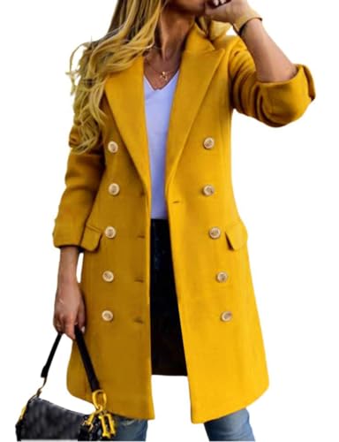 Image of Mywinway Wool Coats for Women 2025 Fall Winter Double Breasted Peacoat Long Jackets Midi Trendy Work Office Trench Coat,Yellow,M