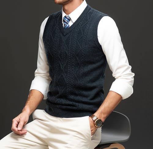 Men's 100% Wool V Neck Sweater Vest Cable Knitted Pullover Sweaters Vest3