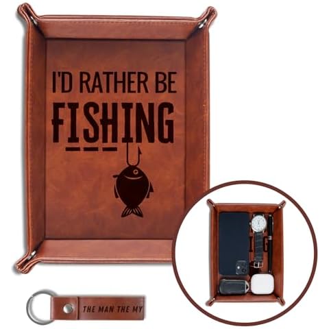 INNObeta Fishing Gifts for Men Valet Tray for Fishing Lovers, Desktop Storage Organizer, PU Leather Bedside Tray, Key Coin Holder, Fishmen Gifts for Men on Birthday, Christmas - I'd Rather be Fishing Cover
