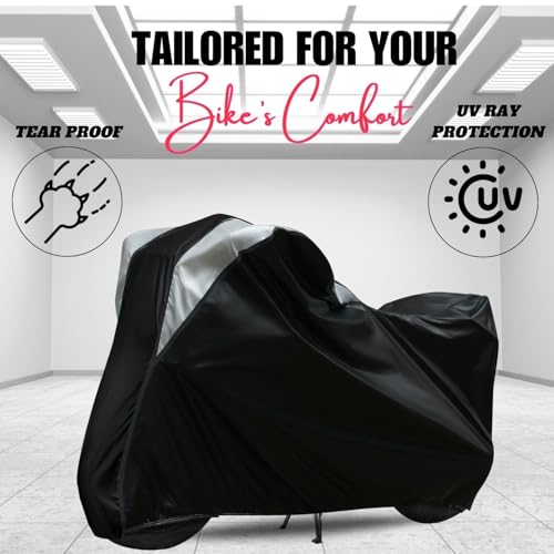 Image of Taffeta Bike Cover Premium Waterproof, Dustproof & UV Protected Two-Wheeler Body Shield | Heavy-Duty, All-Weather Protection | Universal Fit for Motorcycles & Scooters(GT-Black Top Silver Kally)