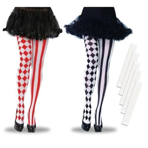 KUBDPQOR 2 Tons Collants pour déguisements Femme, Lot de 2 Collants à Carreaux Noirs et Blancs pour Femme et 36 Patches Antidérapants, Collant Femme...