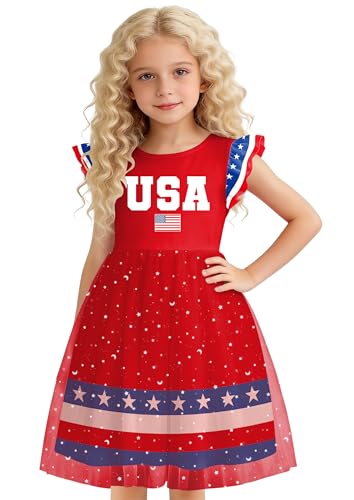 Image of Girls 4th of July Dress American Patriotic Outfit USA Independence Day Clothes Flutter Sleeve Tulle Tutu Dress 5-14y